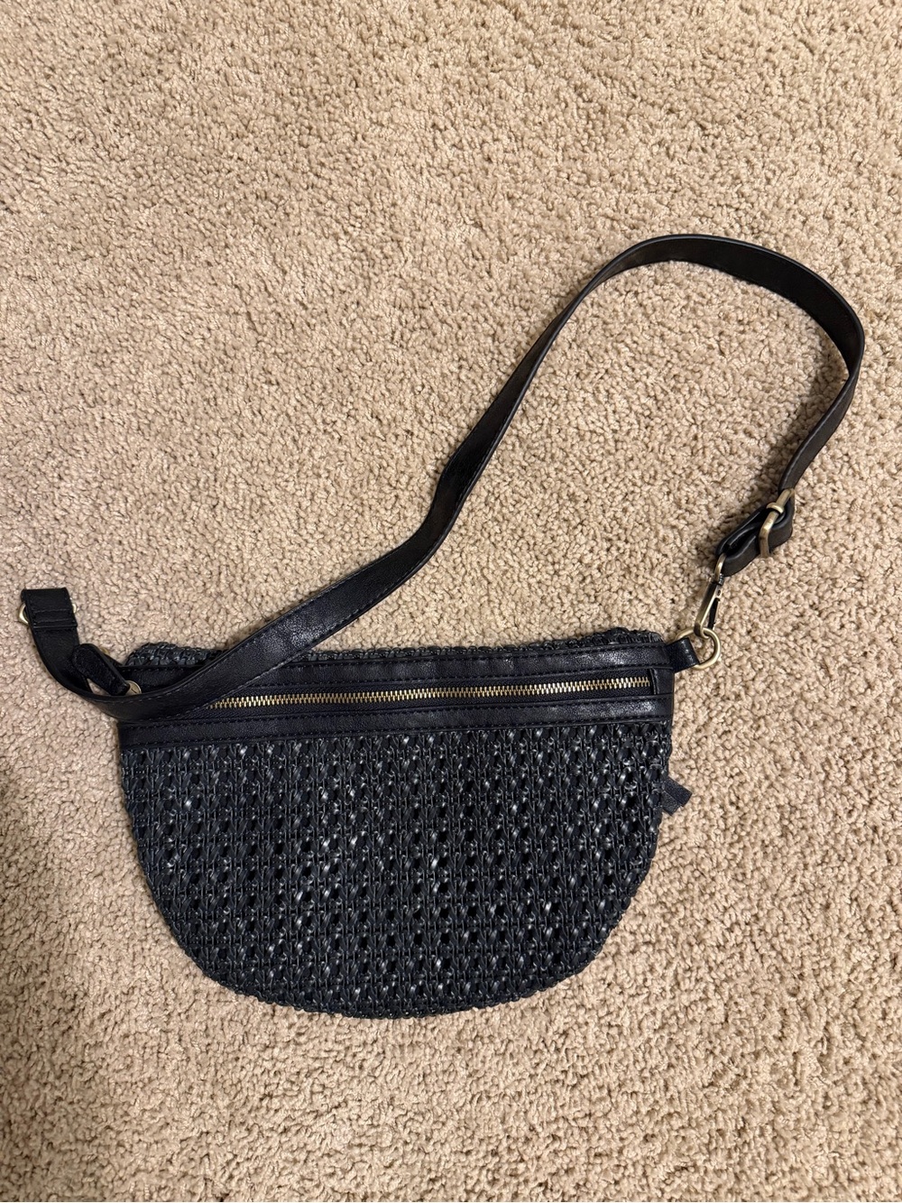 Joy Susan Black Woven Crossbody with Gold Zipper